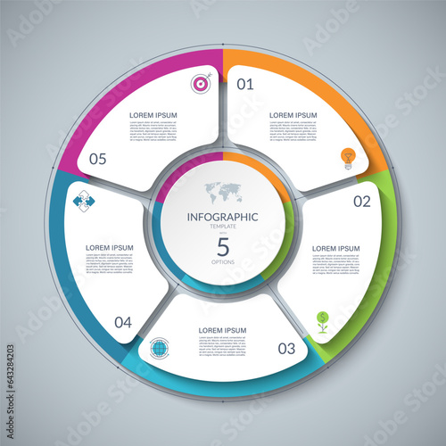 Infographic circle with 5 options, parts. 5-step cycle diagram for business infographics. Process chart, vector template for presentation, report, brochure, web, data visualization. photo