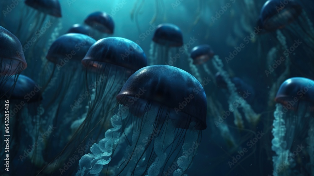 Fototapeta premium Underwater blue jellyfish, concept of Aquatic life forms