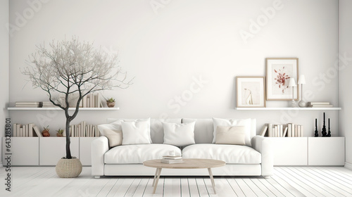 Bright living room interior with white empty wall