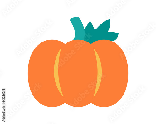 Orange pumpkin with green leaves. Autumn vegetable. Harvest pumpkin head. Food and nourishment. Flat design. Bright colors. isolated object. Vector illustration.