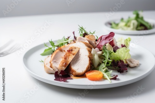 Chicken and salad on a plate of white background, concept of Healthy eating