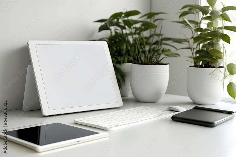 Tablet mockup with blank screen and keyboard on a white table in a contemporary office setting. Generative AI Tablet mockup with blank screen and keyboard on a white table in a contemporary office setting. Generative AI
