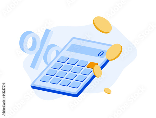 Financial Management with Zero Percent Commission. Economic Recession and Interest Rate Burden. Calculator, Coins and Percentages for Cash Savings and Tax Calculations illustration on white background