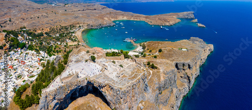 Panoramic view of Lindos village and Acropolis, Rhodes, Greece