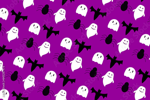 halloween print with ghosts and bat on purple background