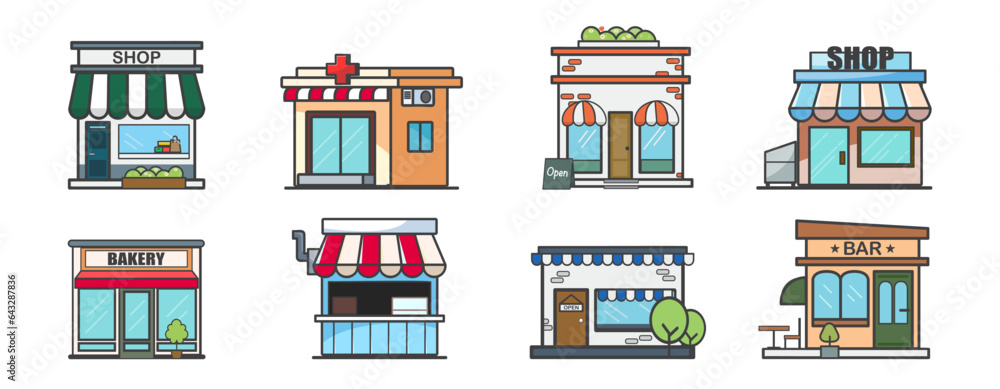 Store building set. Collection of city objects. store and building icon set