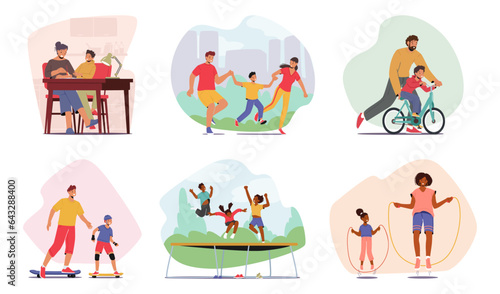 Set Family Leisure And Activities. Parents And Kids Doing Homework, Walking Together, Father Teaching Son to Ride Bike