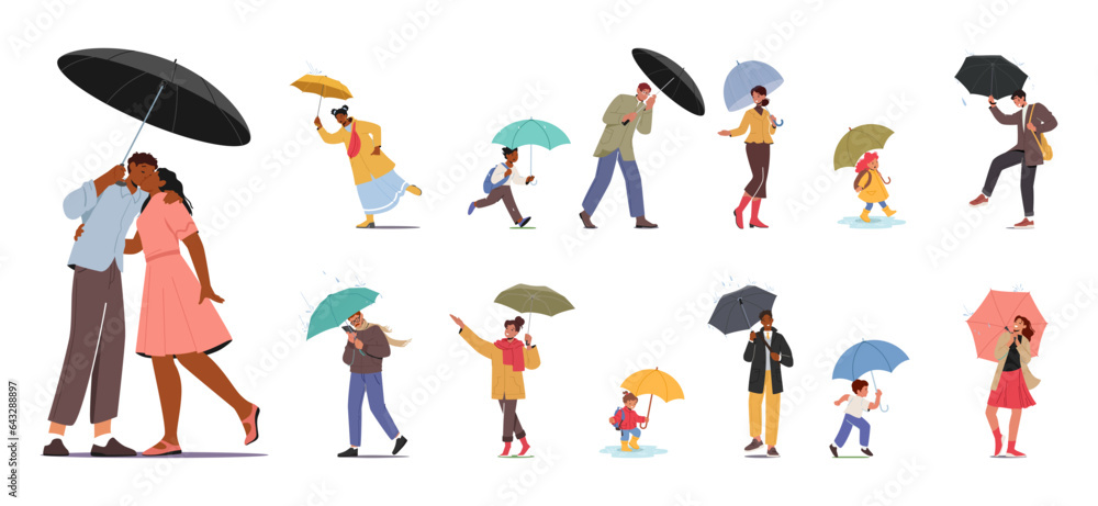Characters At Rainy Day. People Huddled Under Umbrellas, Wearing Raincoats, And Carrying Bags, Vector Illustration Characters At Rainy Day. People Huddled Under Umbrellas, Wearing Raincoats, And Carrying Bags, Vector Illustration