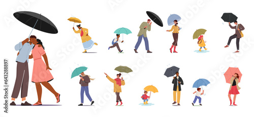 Characters At Rainy Day. People Huddled Under Umbrellas, Wearing Raincoats, And Carrying Bags, Vector Illustration