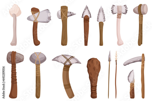 Stone Age Tools For Hunting, Cooking, And Crafting. Axe, Spear, Flint Knife, Grinding Stone, Hand Axe, Bone Awl, Scraper