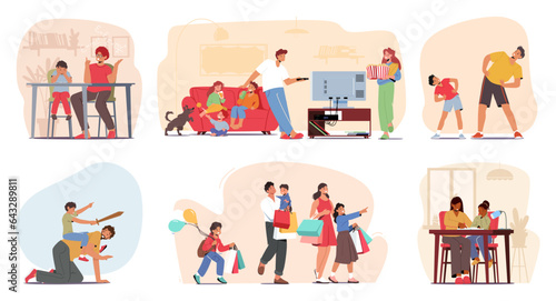Set Family Leisure And Activities. Parents And Kids Characters Doing Homework, Shopping, Watching Movies On Weekend