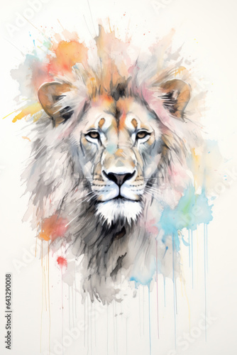 Watercolor drawing, portrait of a of a male lion. Animal illustration