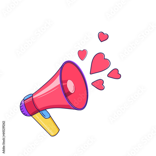Megaphone or loudspeaker with pink hearts. Pride month symbols.