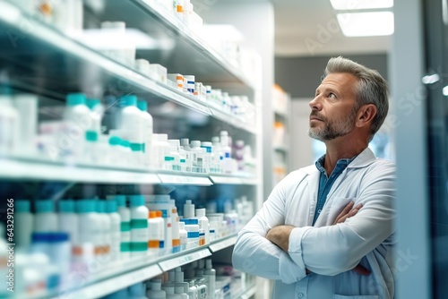 A gray haired middle aged man in a white coat looks at a pharmaceutical display and chooses a medicine