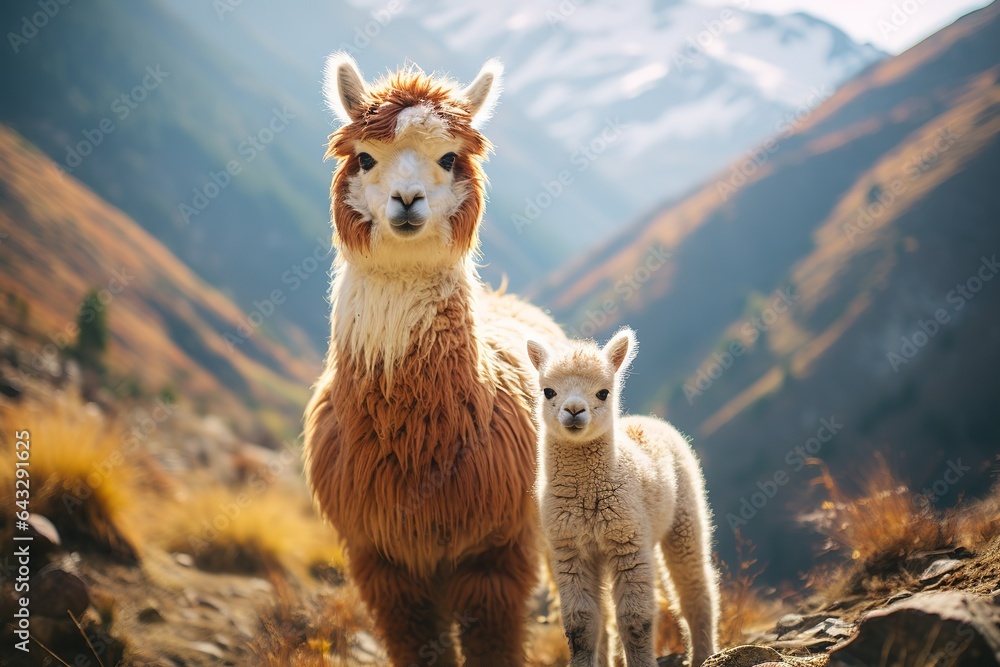 Fototapeta premium Portrait of an alpaca and a small alpaca called cria in the valley of the green mountains