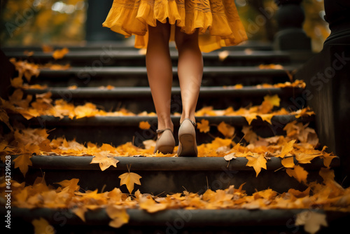 Beautiful legs of a young girl in boots on the stairs with fallen leaves. Autumn concept. AI Generative.