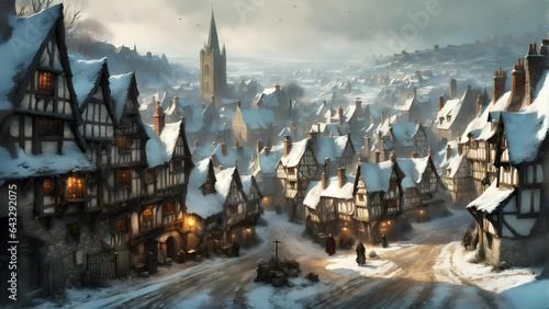 view of a fantasy medieval town in winter with ancient buildings covered in snow and people walking along the street