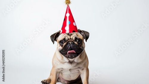 Pug dog wearing birthday hat