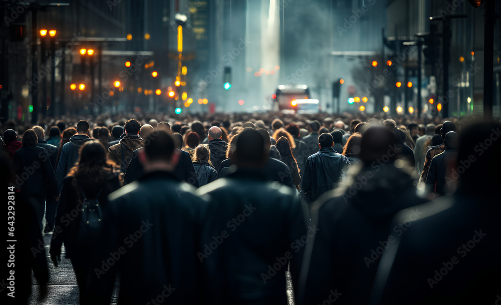  Anonymous crowd of people walking on city street