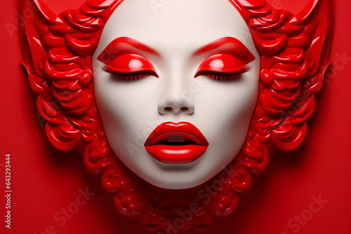 Red head with red lipstick and eye shadow on a red background.