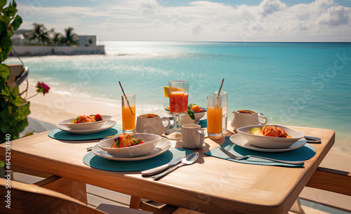  Luxury breakfast table beautiful tropical sea sky background. Idyllic romantic morning love couples time at summer holiday. Honeymoon romance vacation concept. Travel and lifestyle, destination dinin
