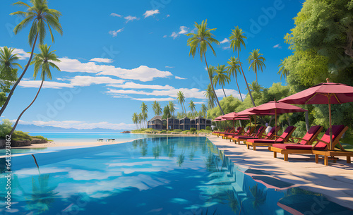 Panoramic holiday landscape. Luxury beach poolside resort hotel swimming pool, beach chairs beds umbrellas palm trees, relax lifestyle, blue sunny sky. Summer island seaside, leisure travel vacation