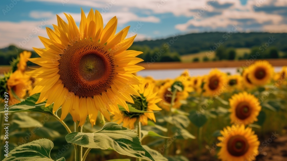 Sunflower field in summer with blue sky and clouds in the background