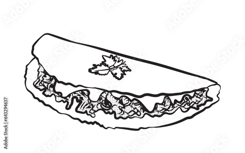 Brazilian food tapioca with dried meat and cheese. Food made from cassava starch with various fillings. Black line vector illustration isolated on transparent background.