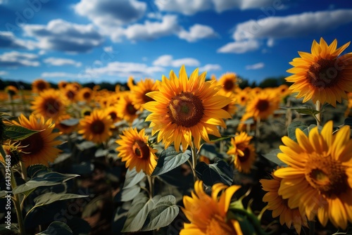 Sunflower field with blue sky background. Sunflower blooming.