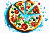 pizza with tomato juice, fresh basil, olives and cherry tomatoes on a white background. vector illustrationpizza with tomato juice, fresh basil, olives and cherry tomatoes on a white background