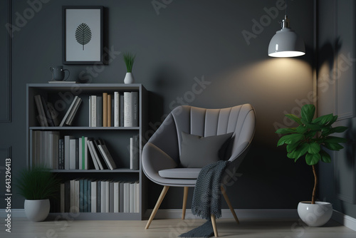 Interior design of a contemporary room with a gray wall, a chair filled with books, magazines, and a lamp. Generative AI