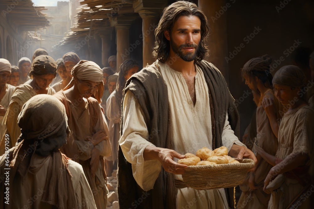 Jesus Christ fed bread to the poor , bible religion, gospels, ancient scriptures history, Jesus hands giving bread to poor , biblical story to feed hungry, charity. - obrazy, fototapety, plakaty 