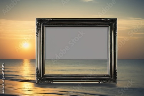 empty picture frame on a wooden backgroundempty picture frame on a wooden backgroundblank picture frame on the sunset sky background photo