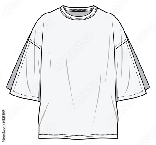 Slit Sleeve Oversized Baggy T-shirt  Fashion Flat Sketch Vector Illustration, CAD, Technical Drawing, Flat Drawing, Template, Mockup.