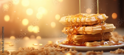 waffles with maple syrup, morning breakfast, tasty dessert photo
