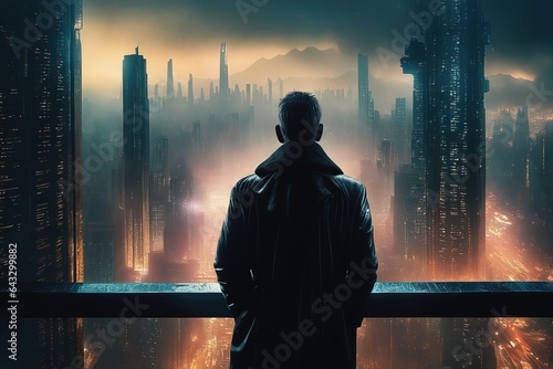 man in a black jacket and a backpack on the background of the cityman in a black jacket and a backpack on the background of the cityman standing on the city of night photo