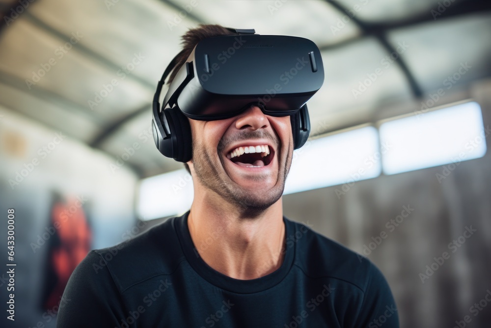 Laughing man in virtual reality helmet Laughing man in virtual reality helmet
