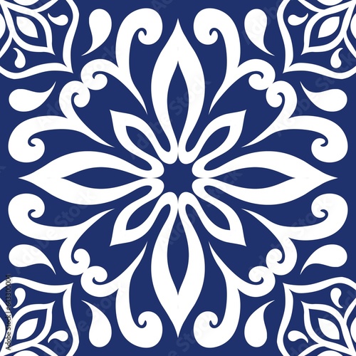 Seamless pattern azulejo tiles indigo and white