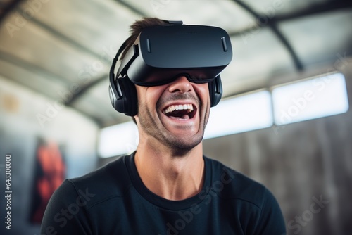 Laughing man in virtual reality helmet