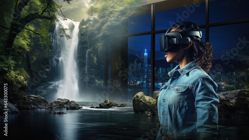 Woman wearing AR/VR goggles to enter a virtual reality forest and waterfall at home in her living room
