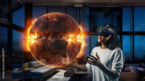 Woman wearing AR/VR goggles to view a 3D model of the Sun at home in her living room