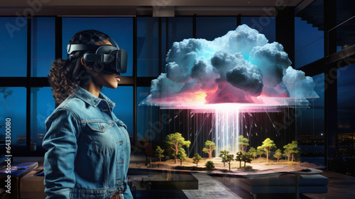 Woman wearing AR/VR goggles to view a 3D model a thunderstorm at home in her living room