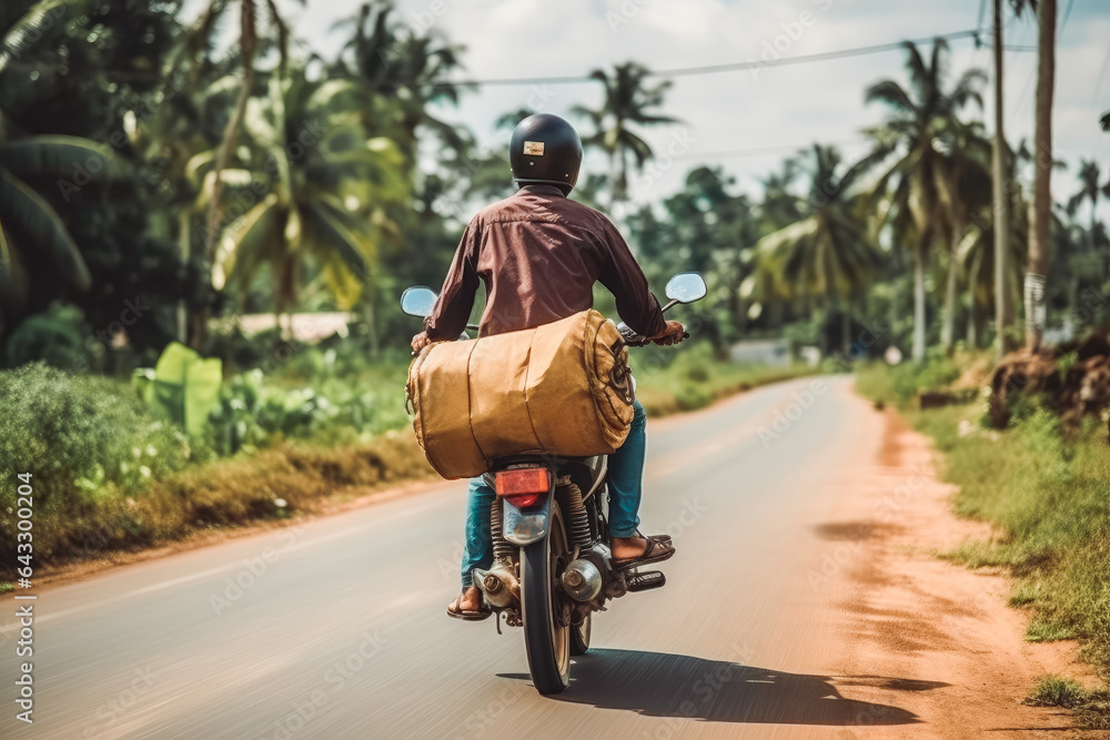 Man on motorcycle with bag on trunk, palms in background