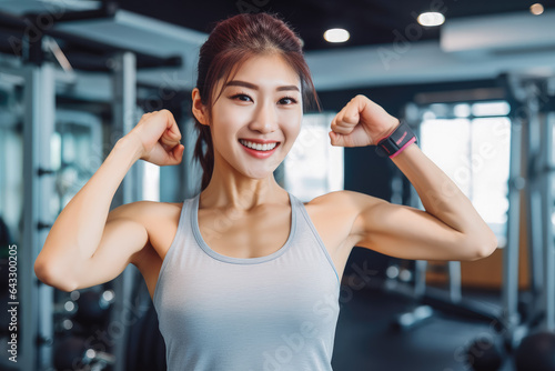 Young smiling asian woman fitness coach at work