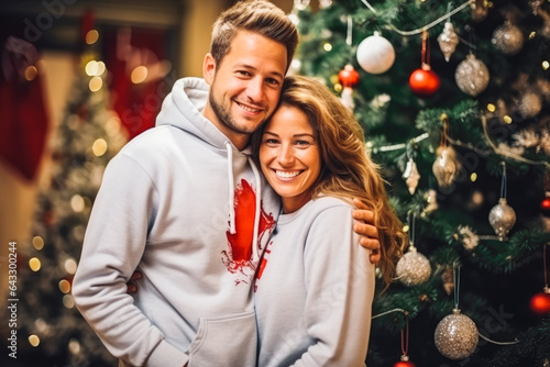 Young couple in love standing in front of christmas tree at home