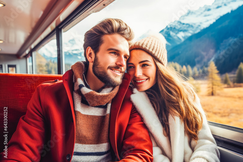 Happy couple in a commercial train going on a vacation, mountains on background