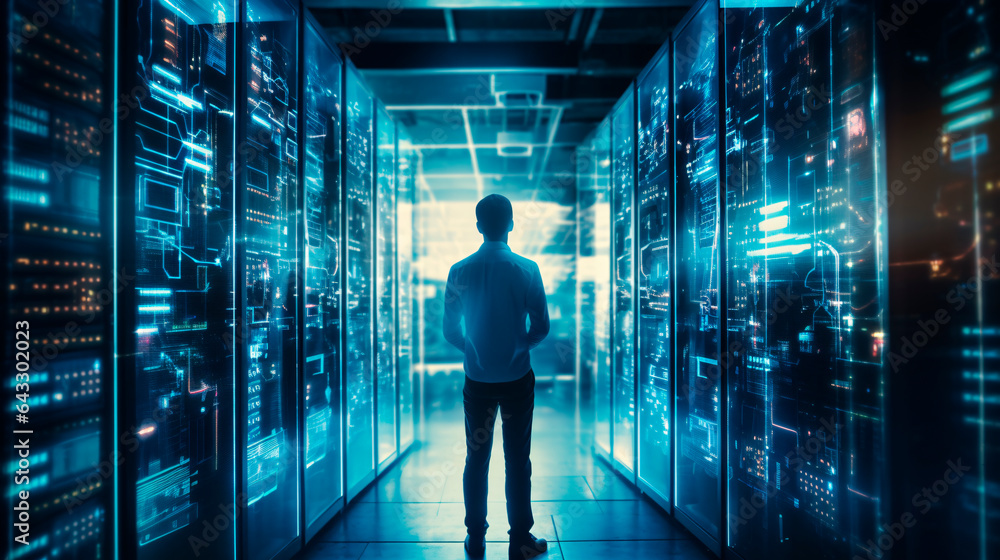 Silhouette of IT Engineer in big database server center office, High Speed Data Transfer, Server Transfer, Technology Science Breakethrough, Progress, Innovation Concept. Generative AI Silhouette of IT Engineer in big database server center office, High Speed Data Transfer, Server Transfer, Technology Science Breakethrough, Progress, Innovation Concept. Generative AI