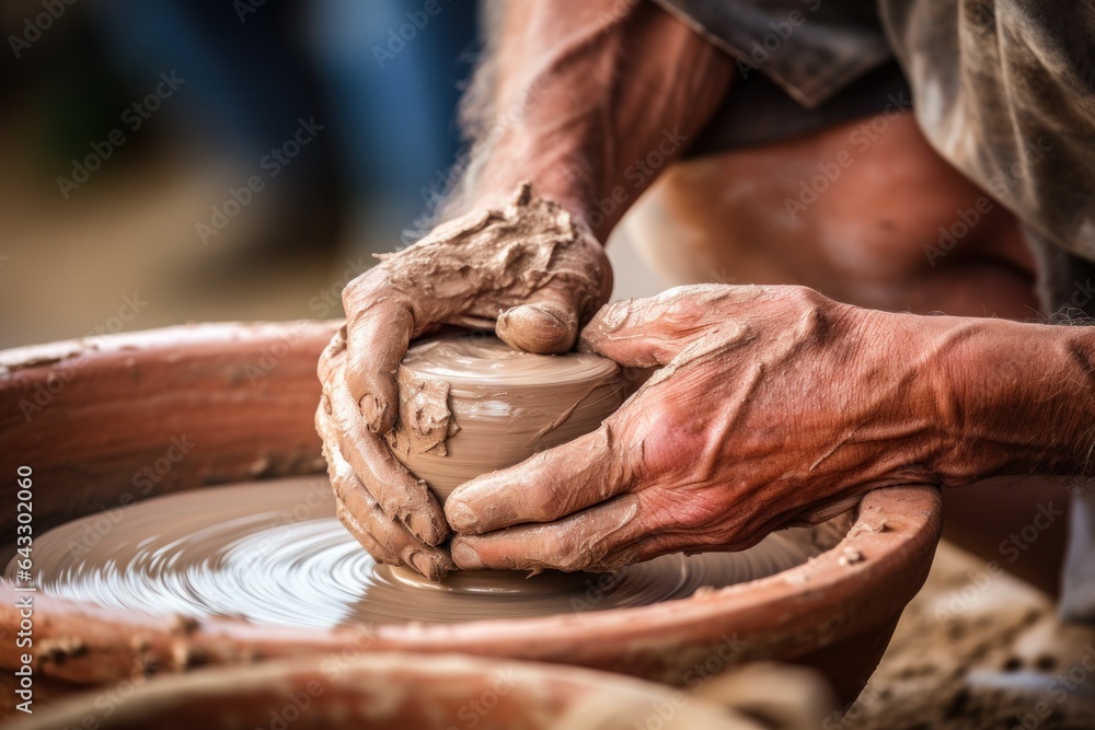 Men's hands on potter's wheel make jug