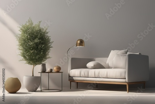 interior design modern art room with sofainterior design modern art room with sofamodern living room with armchair, coffee cup, coffee plant on the table. minimal interior design concept photo