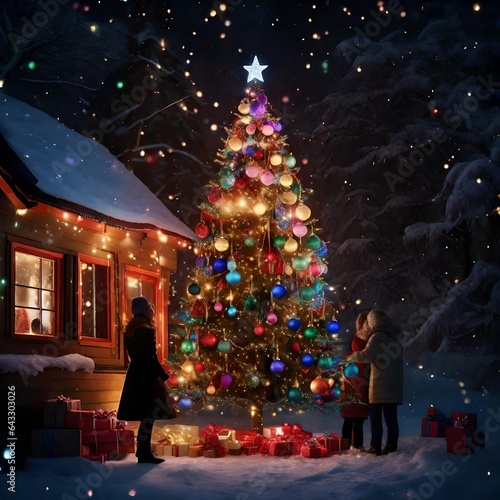 an enchanting scene of a picturesque Christmas night with a vibrant, towering colourful Christmas tree